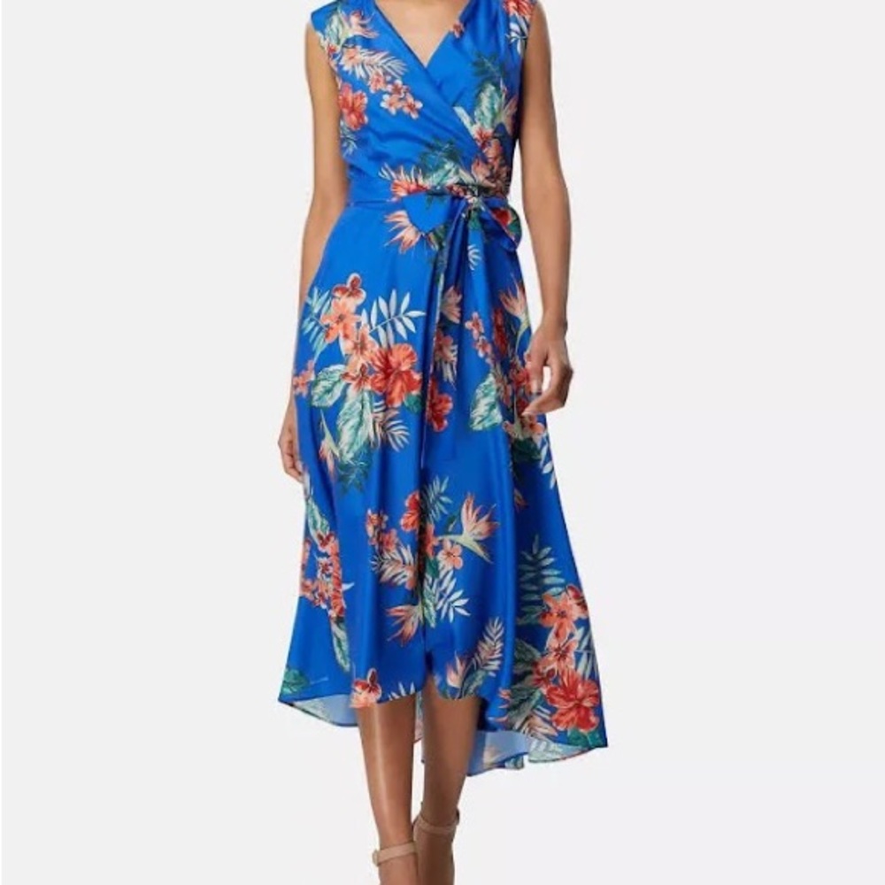 Tahari ASL Women's Sleeveless Printed Faux-Wrap Dress Blue Size 4